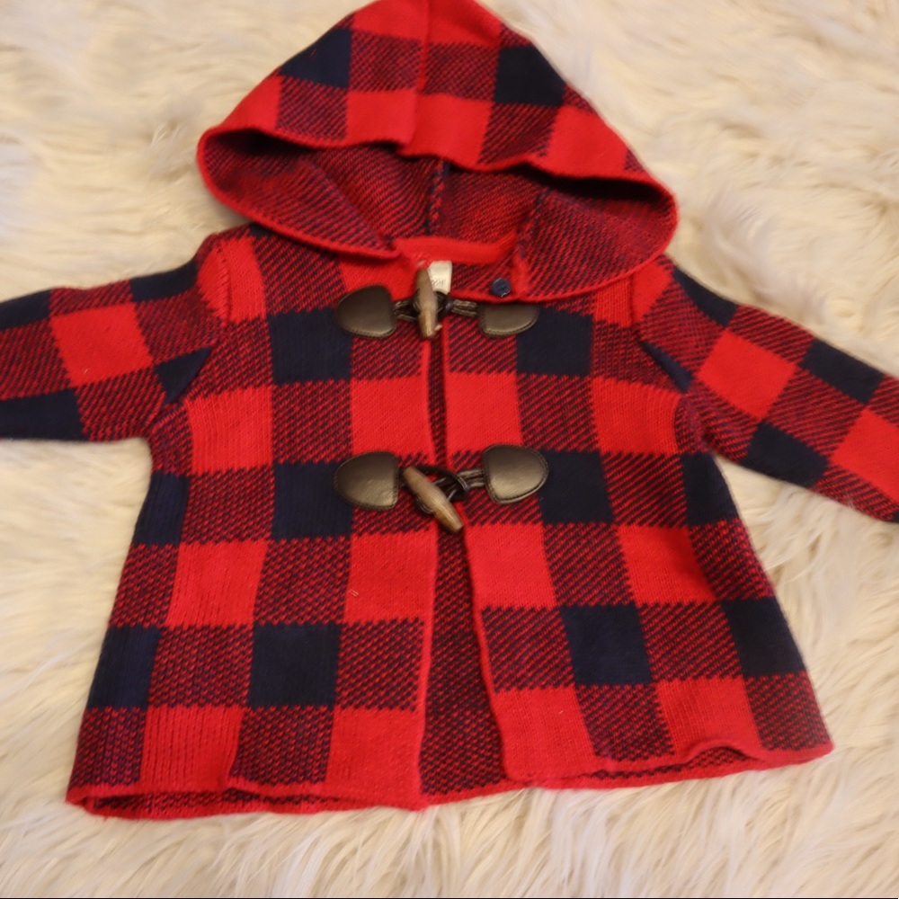 Osh kosh buffalo print knit toggle jacket.